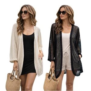 Vince Camuto Sheer Knit Cardigan Set | Black & Cream Resort Cover Ups | OS